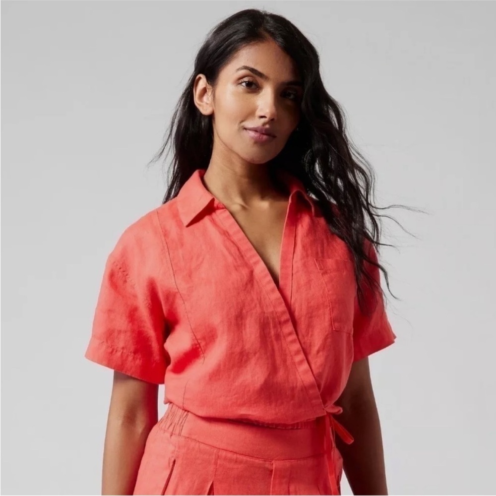 Athleta Playa Linen Wrap Tie Top Cropped Short Sleeve Coral Large